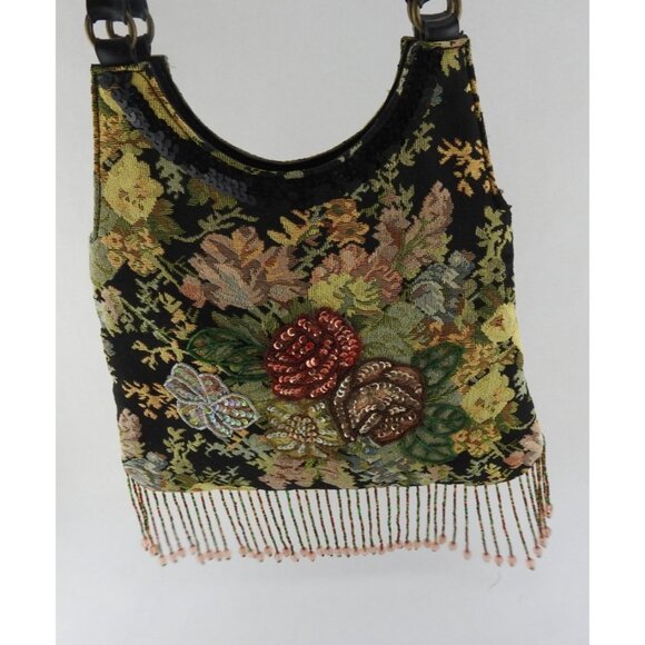 Vintage Prezzo Floral Tapestry Sequin Emplished Fringe Beaded Festival Bag - Picture 3 of 10